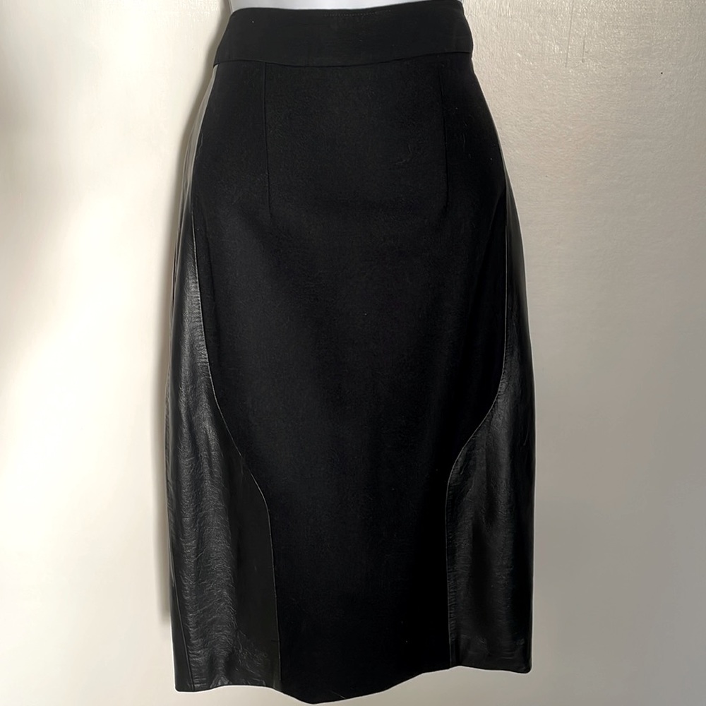 MONIQUE LHUILLIER Collection Silk Leather Midi Length Black Pencil Skirt Sz M